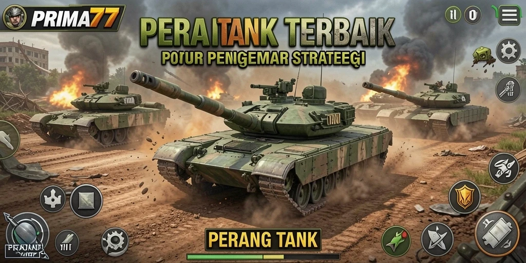 Tampilan antarmuka game PRIMA77 dengan aksi Perang Tank yang intens.