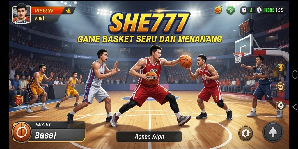 Antarmuka permainan SHE777 menampilkan lapangan basket yang penuh warna dan dinamis.